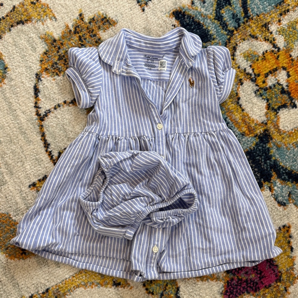 Ralph Lauren Blue and White Striped Baby Dress Set